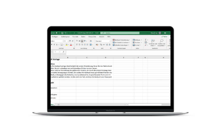 Fahrtenbuch Vorlage auf Laptop geöffnet
